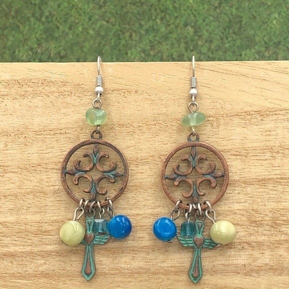 🌼 Cross Patina Beaded Dangle Earrings - Picture 1 of 2